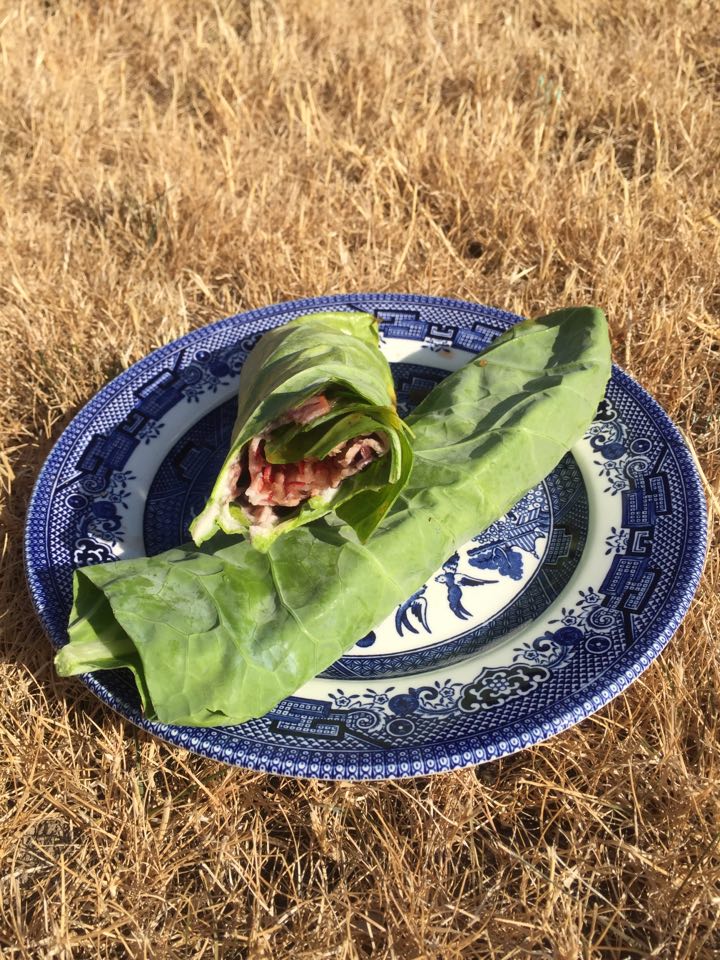 2 collard green wraps sitting on a blue and white plate on yellow grass. One wrap is halfway eaten, showing the contents inside.